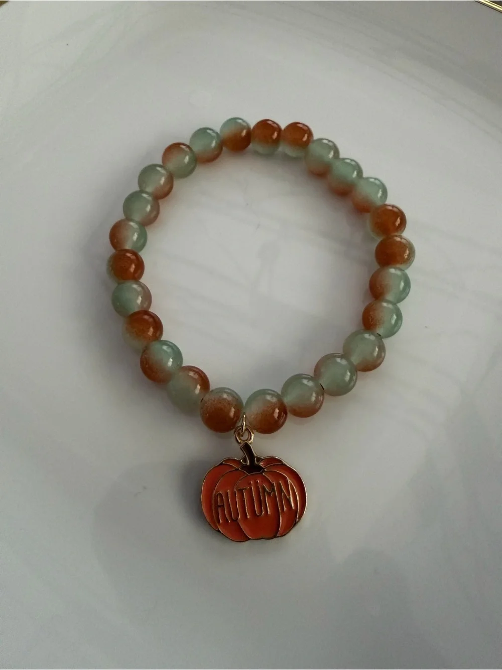 Orange & Sage Autumn Pumpkin Charm Beaded Stretch Bracelet